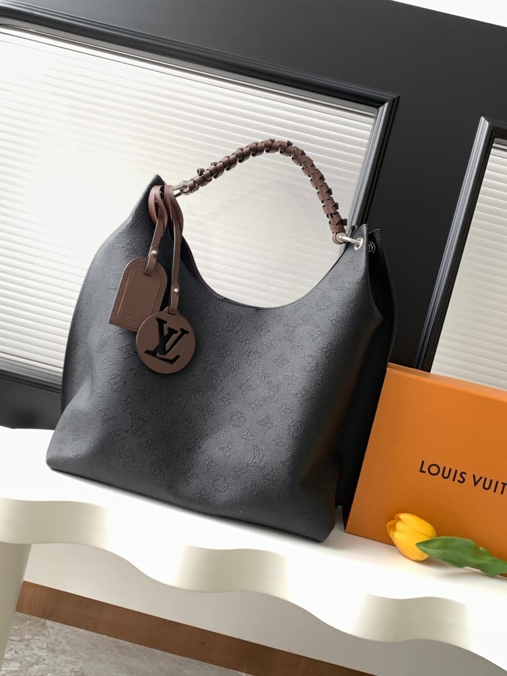 Louis Vuitton Black Leather Hobo Bag with Braided Handle
